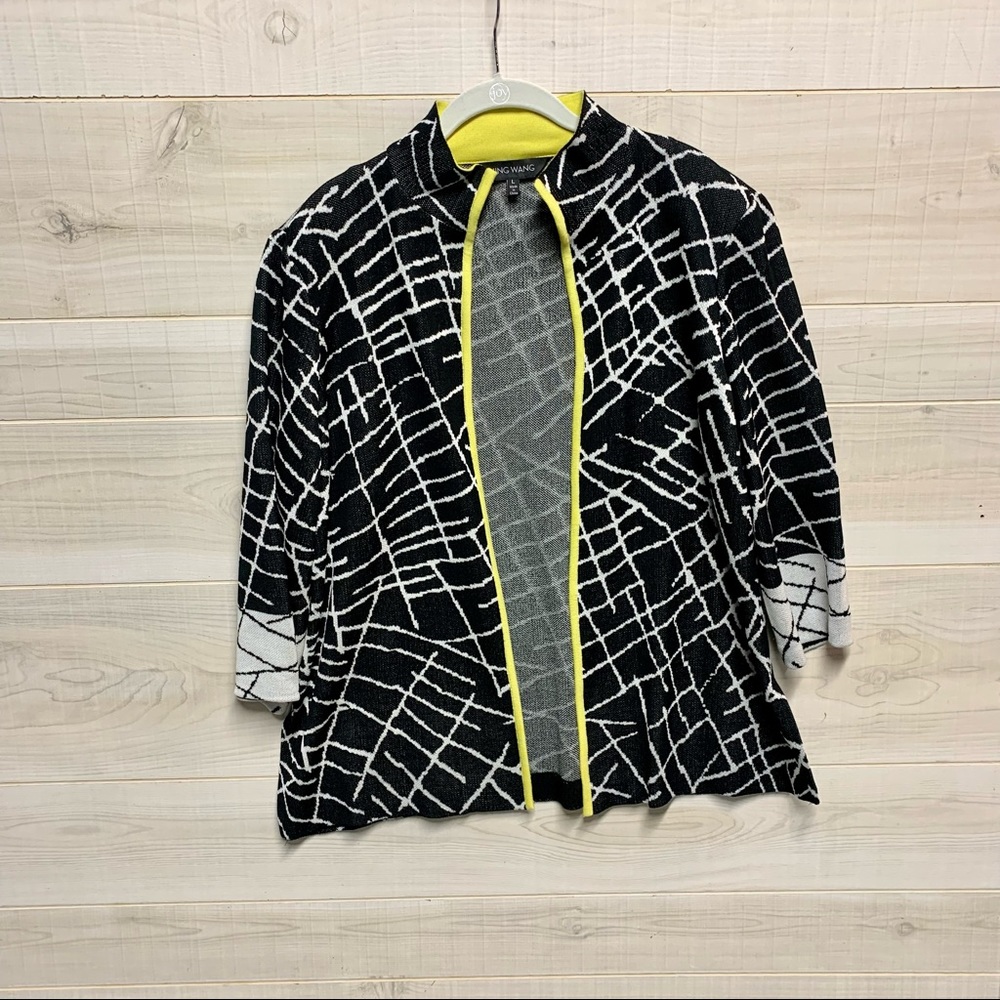 MING WANG black white yellow high neck open front cardigan